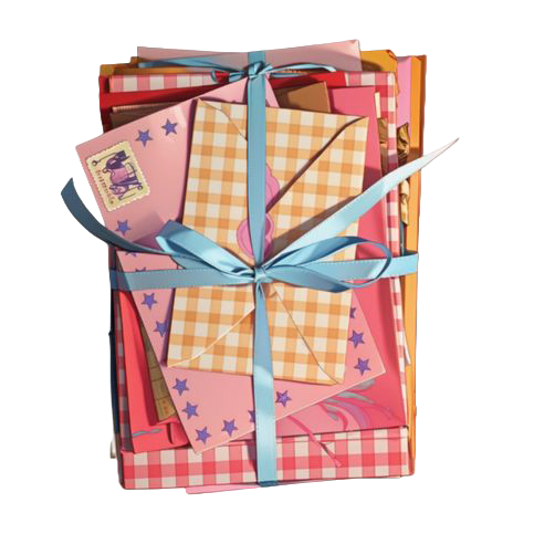 Set of stationery items including envelopes and cards with a blue ribbon on a white background