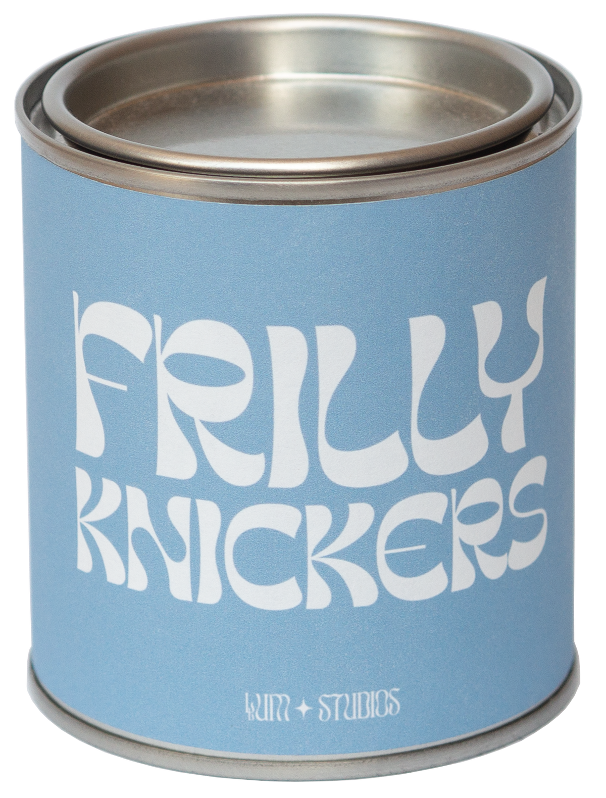 Llum Studios Frilly Knickers vegan scented candle in a reusable tin with powder blue sugarcane paper wraparound label, sustainably packaged and ethically made