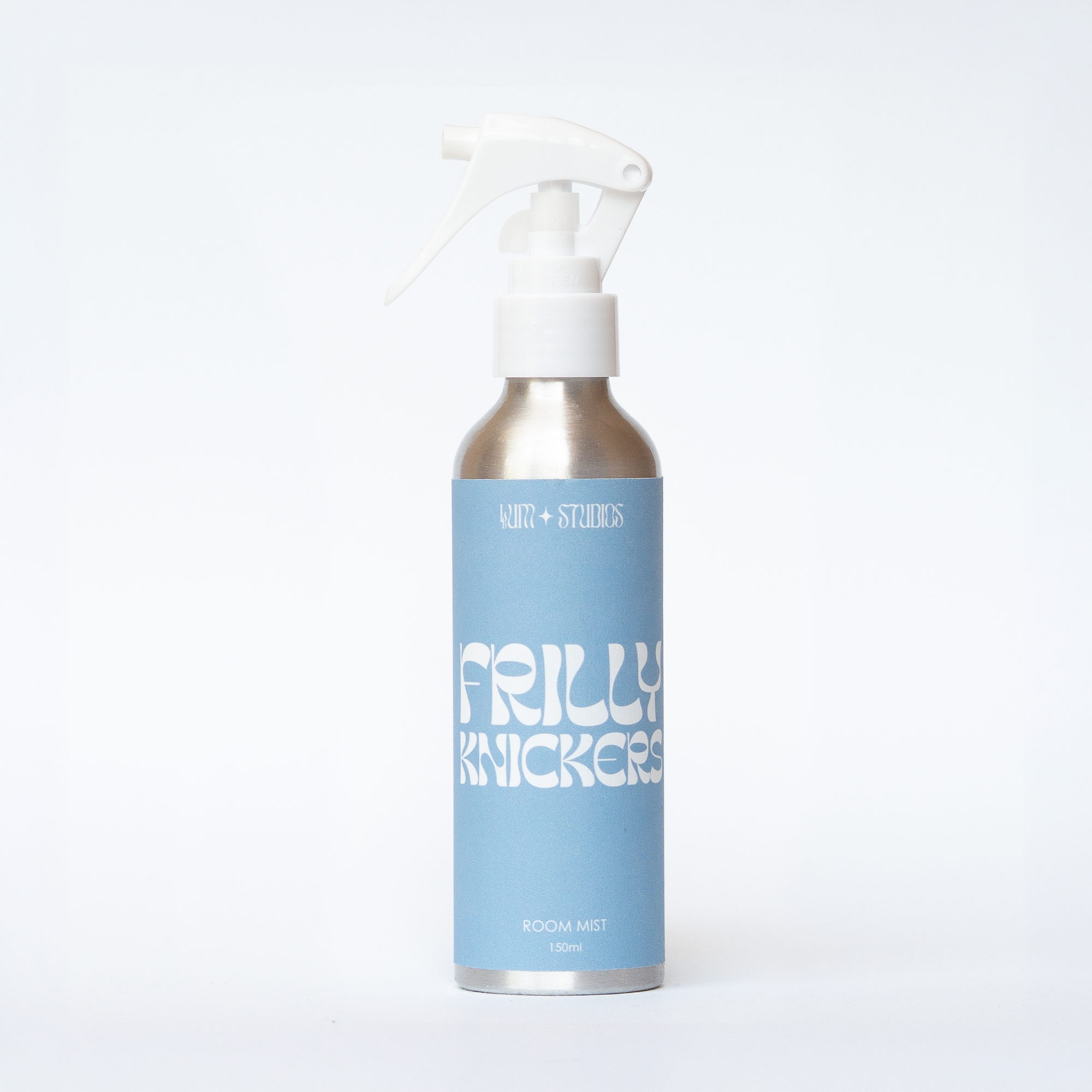 Llum Studios Frilly Knickers natural 150ml room mist in a sustainable aluminium spray bottle, powder blue, ethically made, on a white background