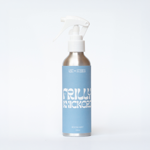 Llum Studios Frilly Knickers natural 150ml room mist in a sustainable aluminium spray bottle, powder blue, ethically made, on a white background