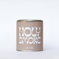 Llum Studios Holy Smoke vegan scented candle in a reusable tin with taupe sugarcane paper wraparound label, sustainably packaged and ethically made, on a white background