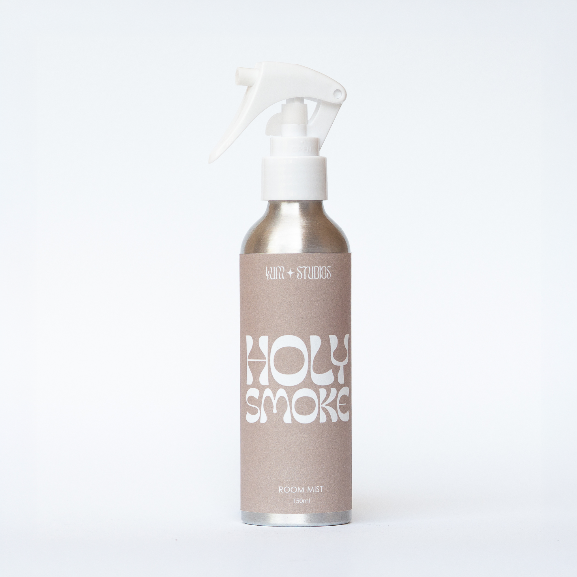 Llum Studios Holy Smoke natural 150ml room mist in a sustainable aluminium spray bottle, taupe, ethically made, on a white background